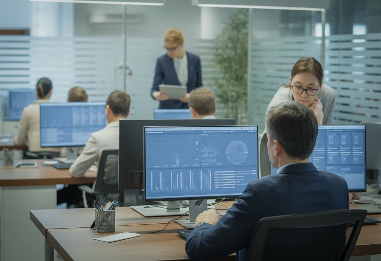 Een werkgever die in een moderne kantooromgeving werknemers op computers observeert met meerdere beeldschermen.