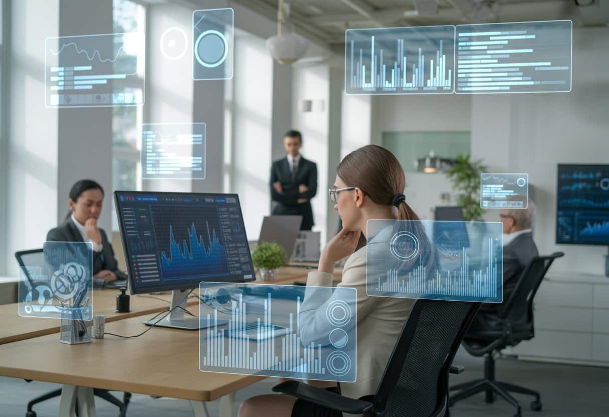 Een werknemer die aan een computer werkt in een modern kantoor met digitale grafieken en gegevens die op het scherm worden weergegeven, terwijl een manager op afstand meekijkt.