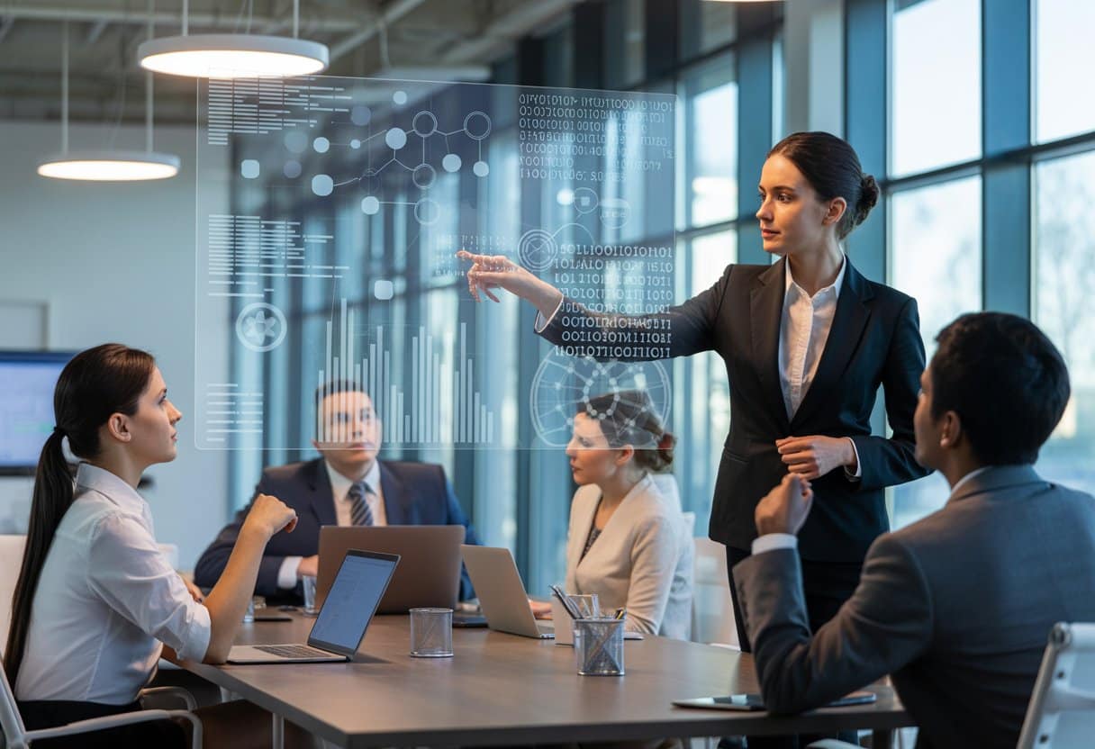 Een groep zakelijke professionals bespreekt een digitaal scherm met AI-gegevens in een modern kantoor.