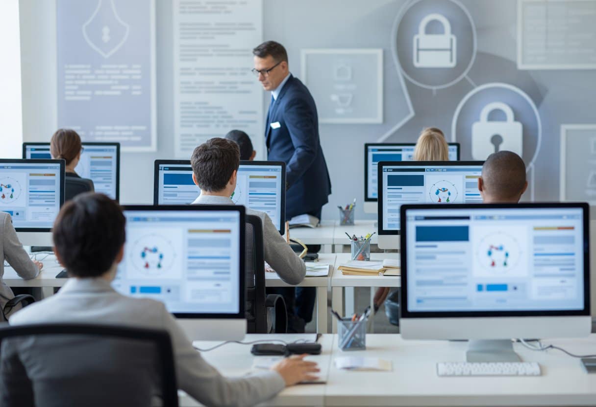 Een moderne kantoorruimte waar een werkgever meerdere computerschermen met monitoringsoftware bekijkt terwijl werknemers aan hun bureaus werken.