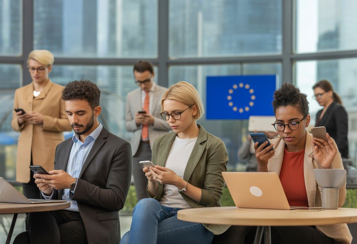 Een diverse groep mensen werkt met digitale apparaten in een stedelijke omgeving met een EU-vlag op de achtergrond.