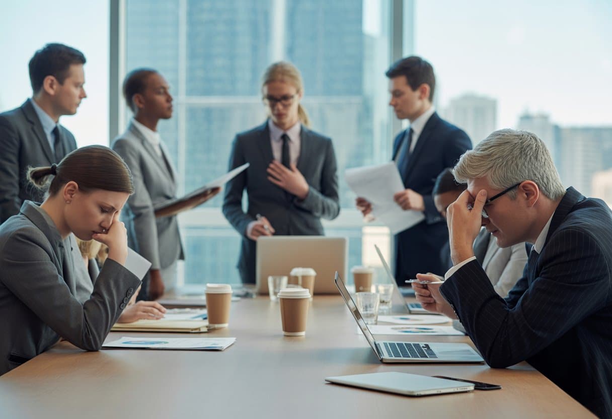Kantoorruimte met diverse werknemers die gespannen en geconcentreerd werken aan een tafel met documenten en laptops.