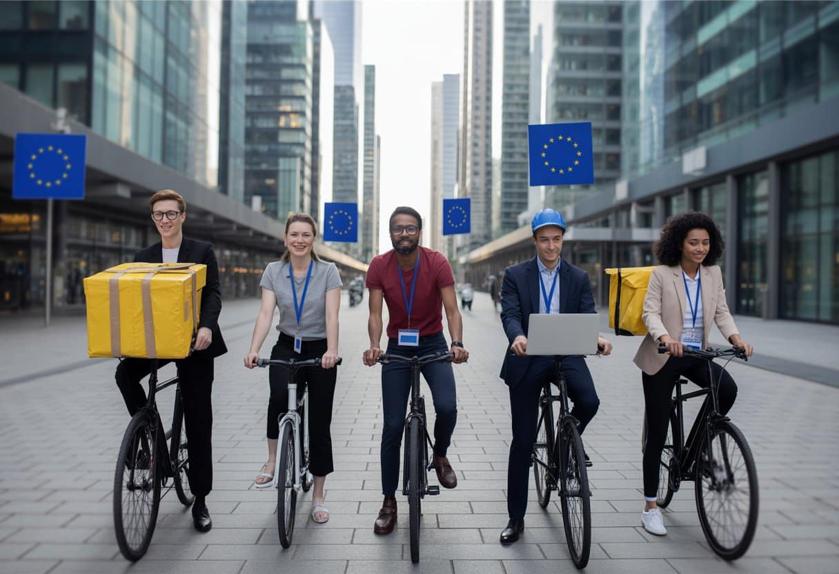 Een diverse groep platformwerkers die verschillende taken uitvoeren in een moderne Europese stadsomgeving, met subtiele EU-symbolen op de achtergrond.