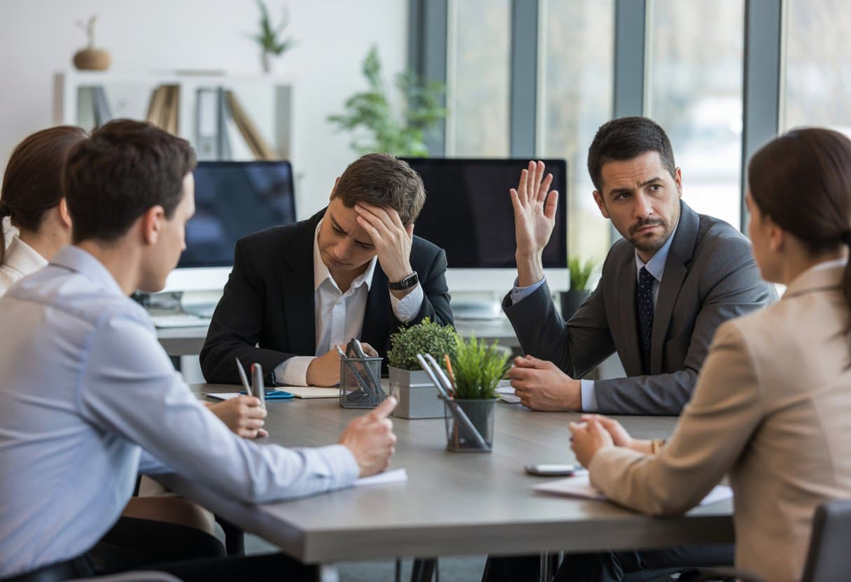 Een groep kantoormedewerkers in een vergadering, waarbij een persoon gestrest lijkt en een manager aandachtig luistert.
