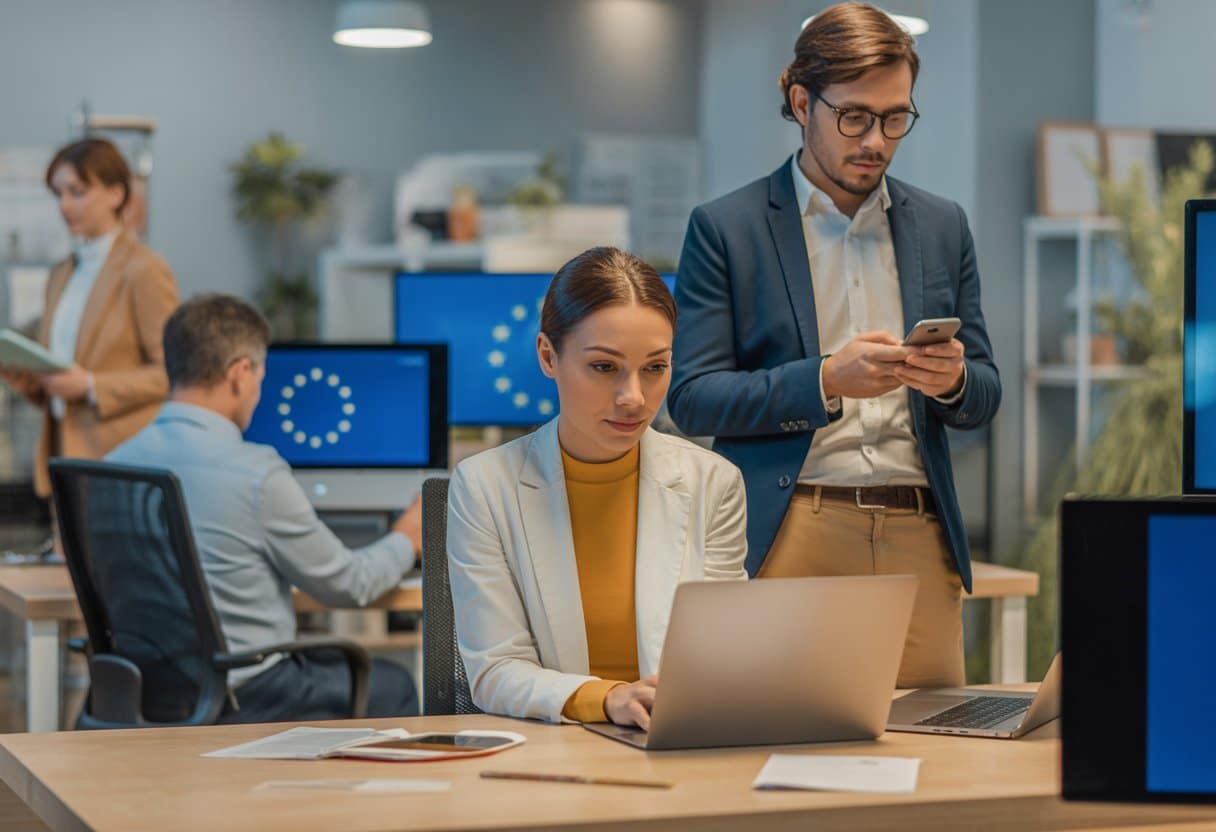 Een diverse groep mensen werkt samen in een moderne kantoorruimte met laptops en documenten, met subtiele Europese vlaggen op de achtergrond.