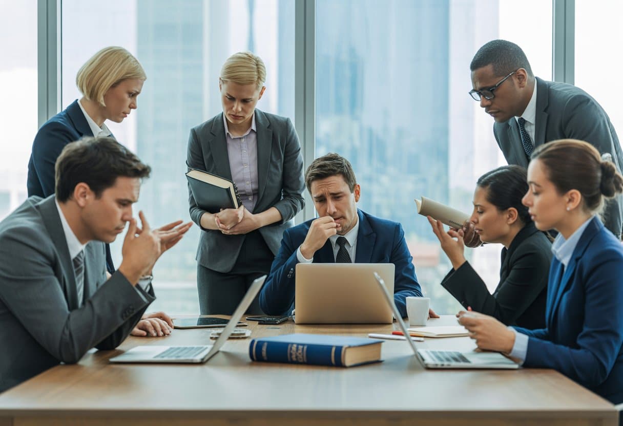 Een groep kantoormedewerkers in een vergaderruimte met bezorgde gezichten, omringd door laptops en documenten, in een moderne kantooromgeving.