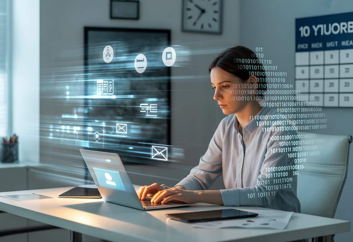 Een persoon die achter een bureau zit en op een laptop werkt, met visuele effecten die digitale sporen tonen die vervagen en verdwijnen.