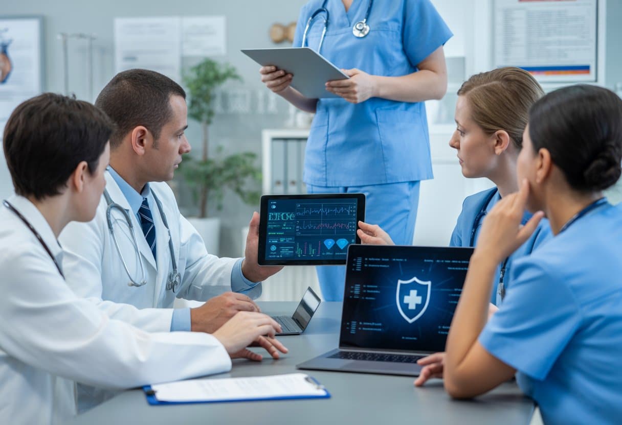 Een groep zorgprofessionals bekijkt samen patiëntgegevens op een digitale tablet in een ziekenhuisomgeving.