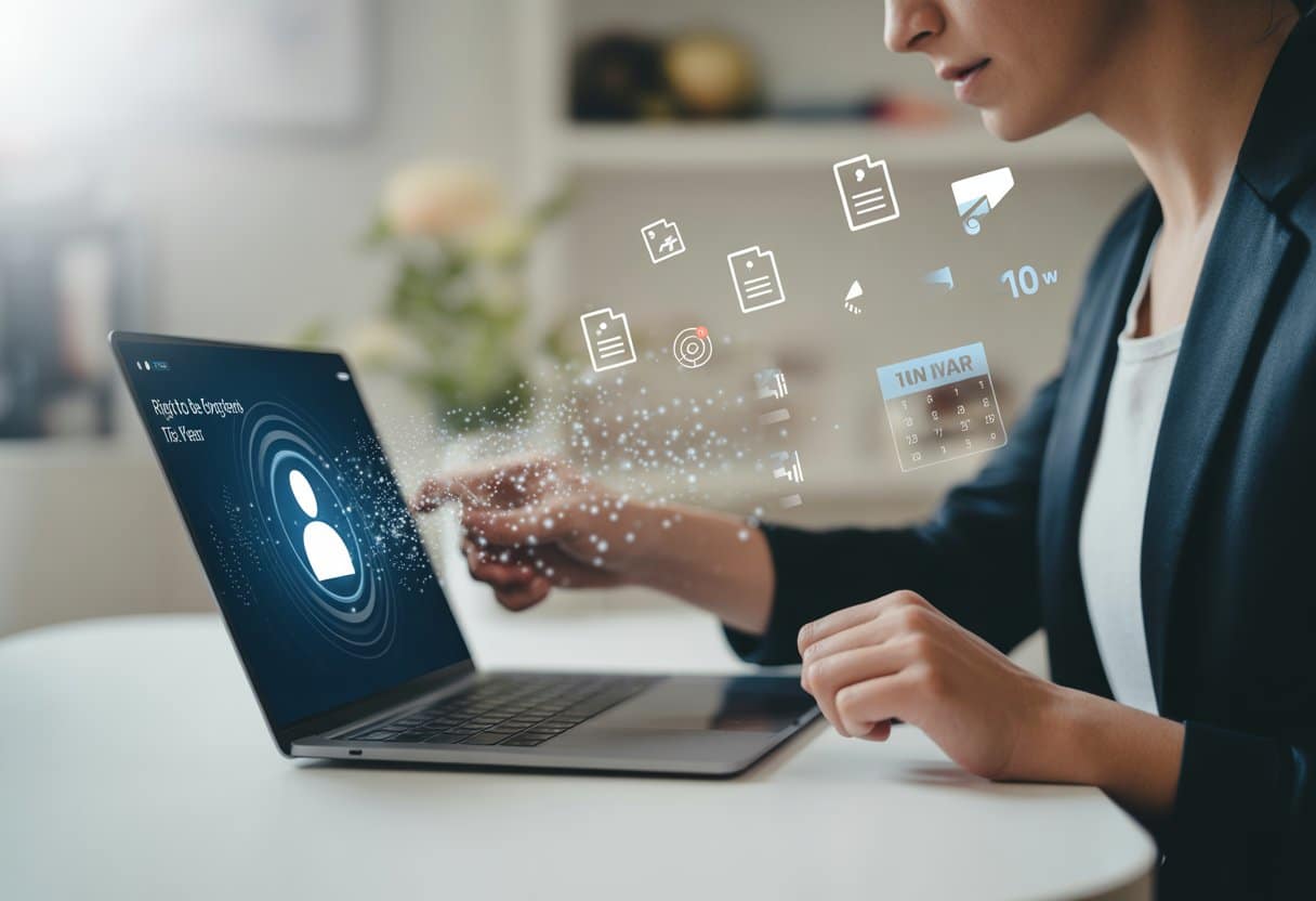 Een persoon die aan een laptop werkt waarbij digitale gegevens en pictogrammen vervagen, symboliserend het verwijderen van digitale sporen na tien jaar.