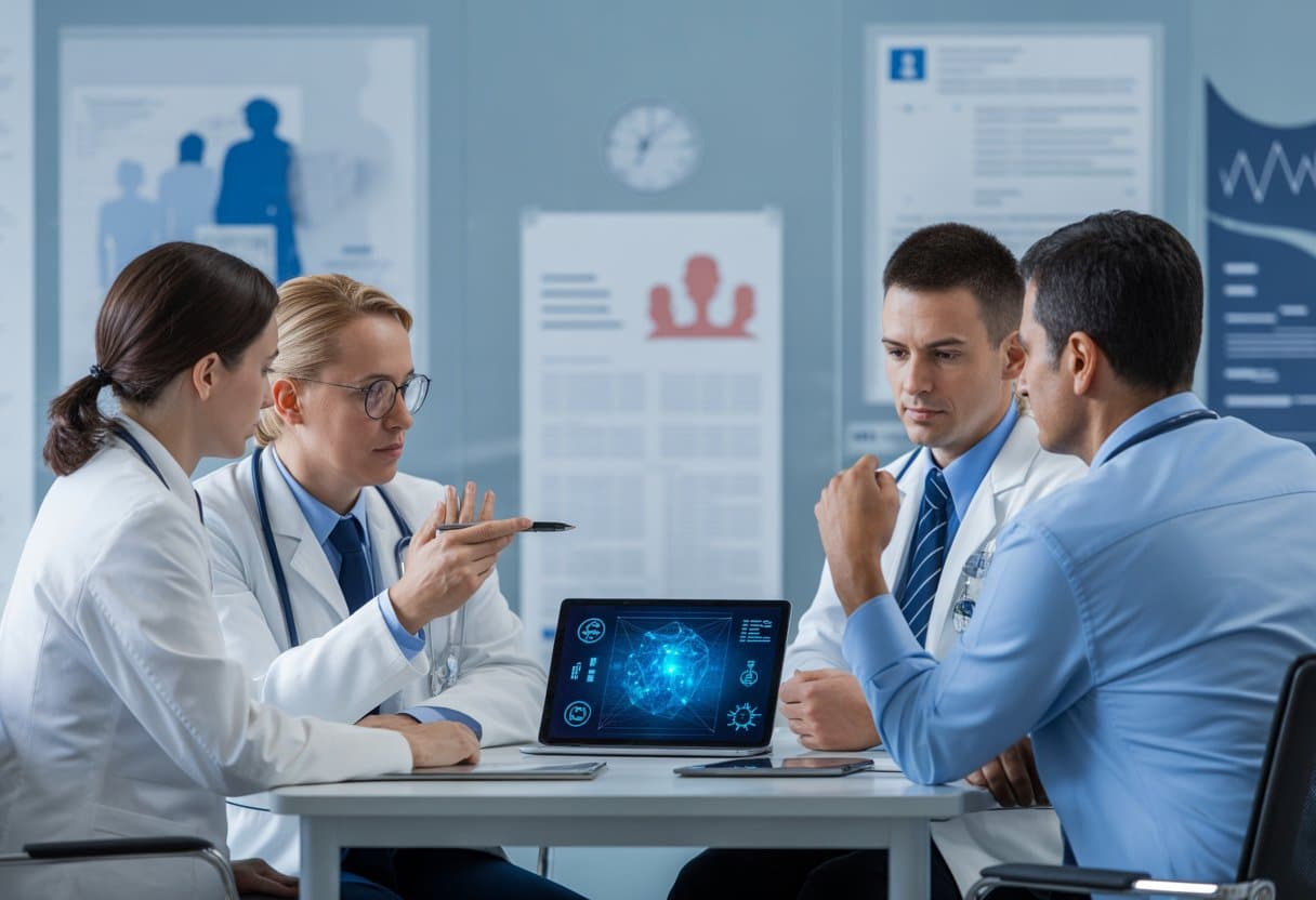 Een groep zorgprofessionals bespreekt medische gegevens in een moderne klinische omgeving.