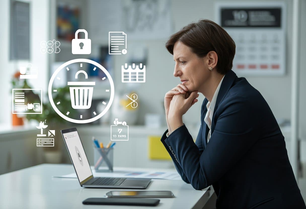 Een persoon zit aan een bureau met een laptop, omringd door digitale pictogrammen die privacy en gegevensverwijdering voorstellen.