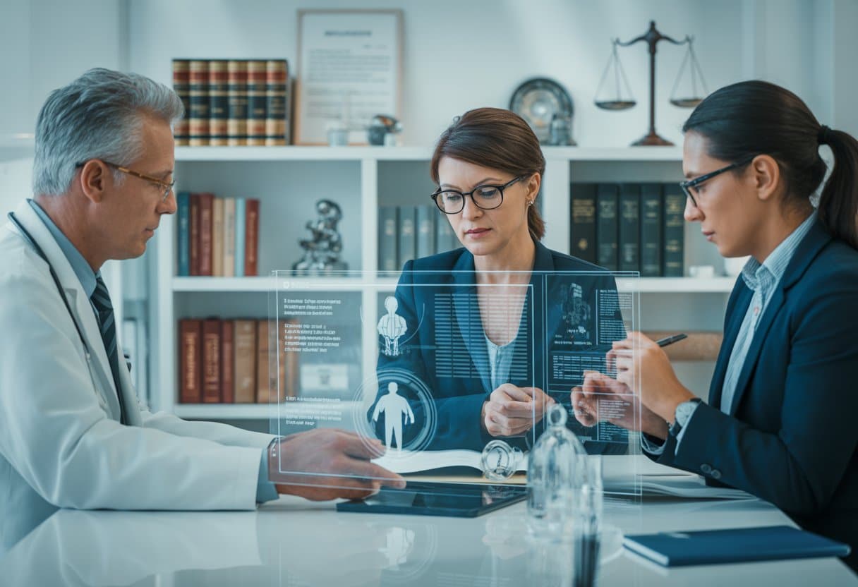 Een groep professionals bespreekt patiëntgegevens en juridische regels in een moderne kantooromgeving.