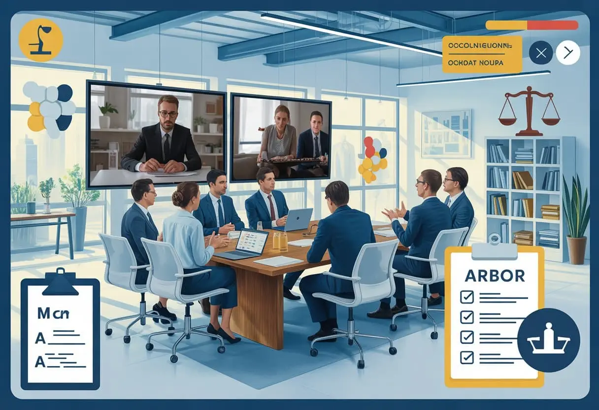 De 'Hybride' Werkplek Juridisch Getackeld: Aansprakelijkheid, ARBO en Cao op afstand 1 Een groep professionals in een moderne kantooromgeving werkt samen aan een vergadering, met enkele deelnemers op afstand via videobellen.