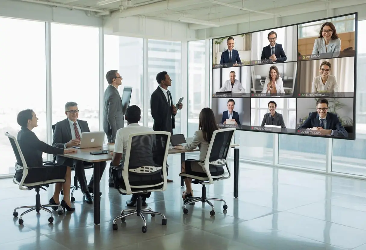 De 'Hybride' Werkplek Juridisch Getackeld: Aansprakelijkheid, ARBO en Cao op afstand 2 Een moderne werkplek met mensen die samenwerken op kantoor en via videoconferentie op afstand werken.