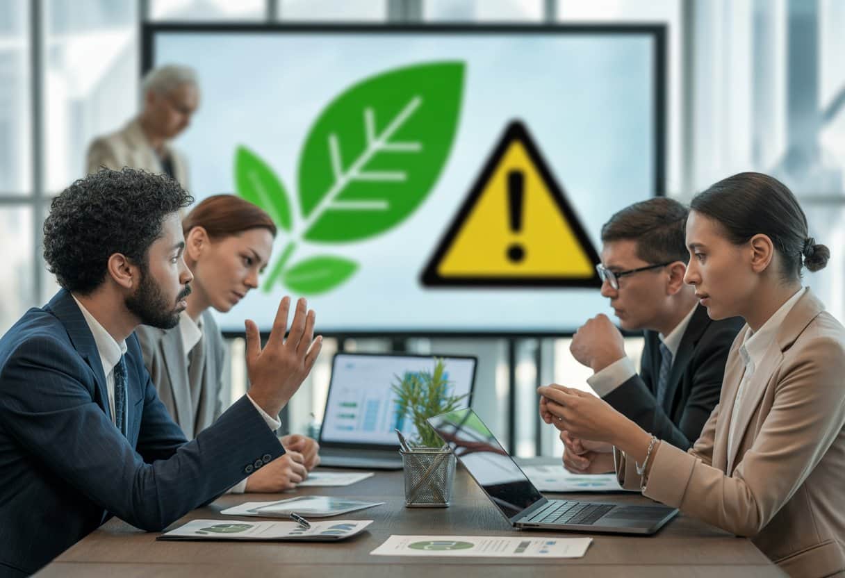 Een groep zakelijke professionals bespreekt milieuproblemen en juridische risico's in een moderne kantooromgeving.