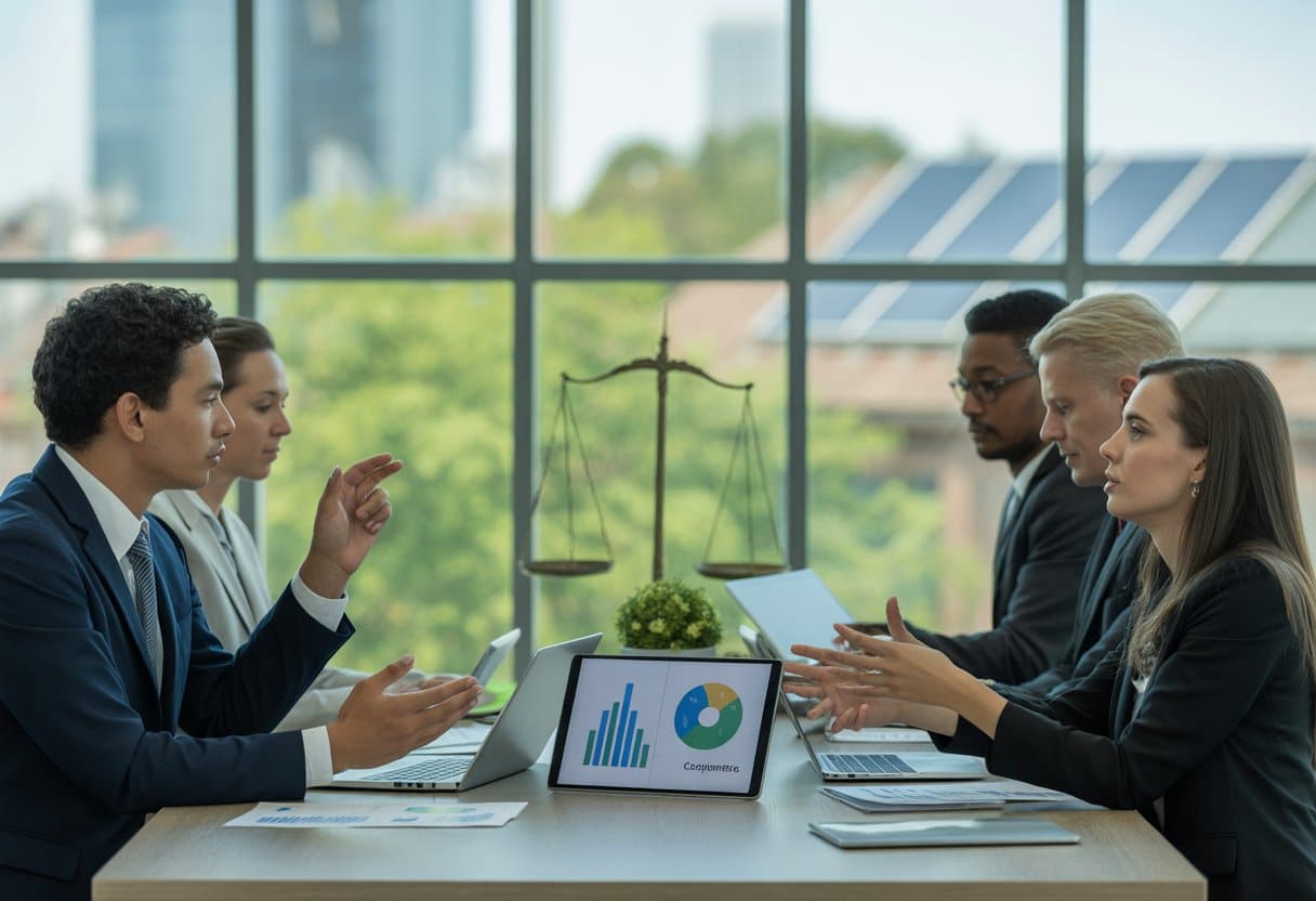 Een groep zakelijke professionals bespreekt juridische en duurzame onderwerpen rond een vergadertafel in een modern kantoor met uitzicht op een groene stad.