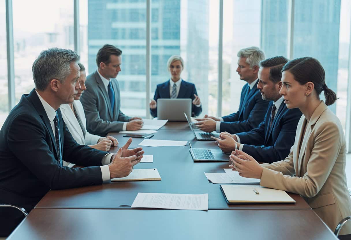 Zakelijke vergadering met familieleden en juristen die een juridische splitsing van een BV bespreken in een moderne kantooromgeving.