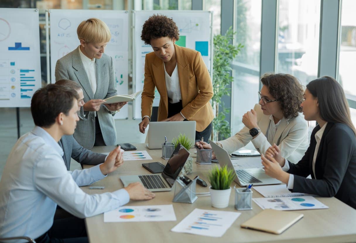 Een groep jonge ondernemers en juridische adviseurs bespreekt documenten en financiële grafieken rond een vergadertafel in een modern kantoor.