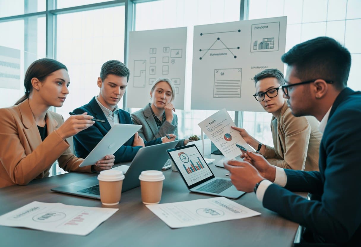 Een groep jonge ondernemers en investeerders die in een moderne vergaderruimte documenten en digitale schermen bekijken tijdens een bespreking over financiële zekerheid in de seed-ronde.