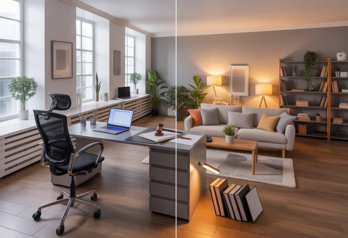 Een lichte kamer die langzaam overgaat van een kantoorruimte met bureau en laptop naar een gezellige woonruimte met bank en planten.