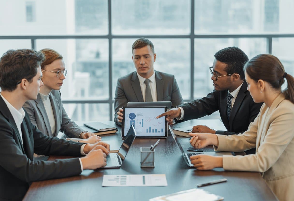 Een groep jonge ondernemers en financiële adviseurs bespreekt financieringsmogelijkheden tijdens een vergadering in een modern kantoor.