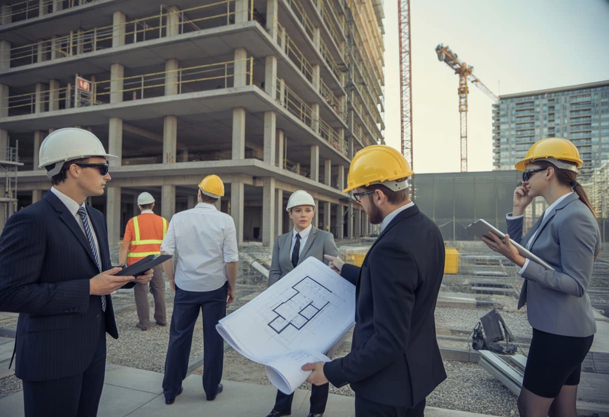 Een groep professionals bespreekt bouwplannen buiten een kantoorgebouw dat wordt verbouwd tot woonruimte.