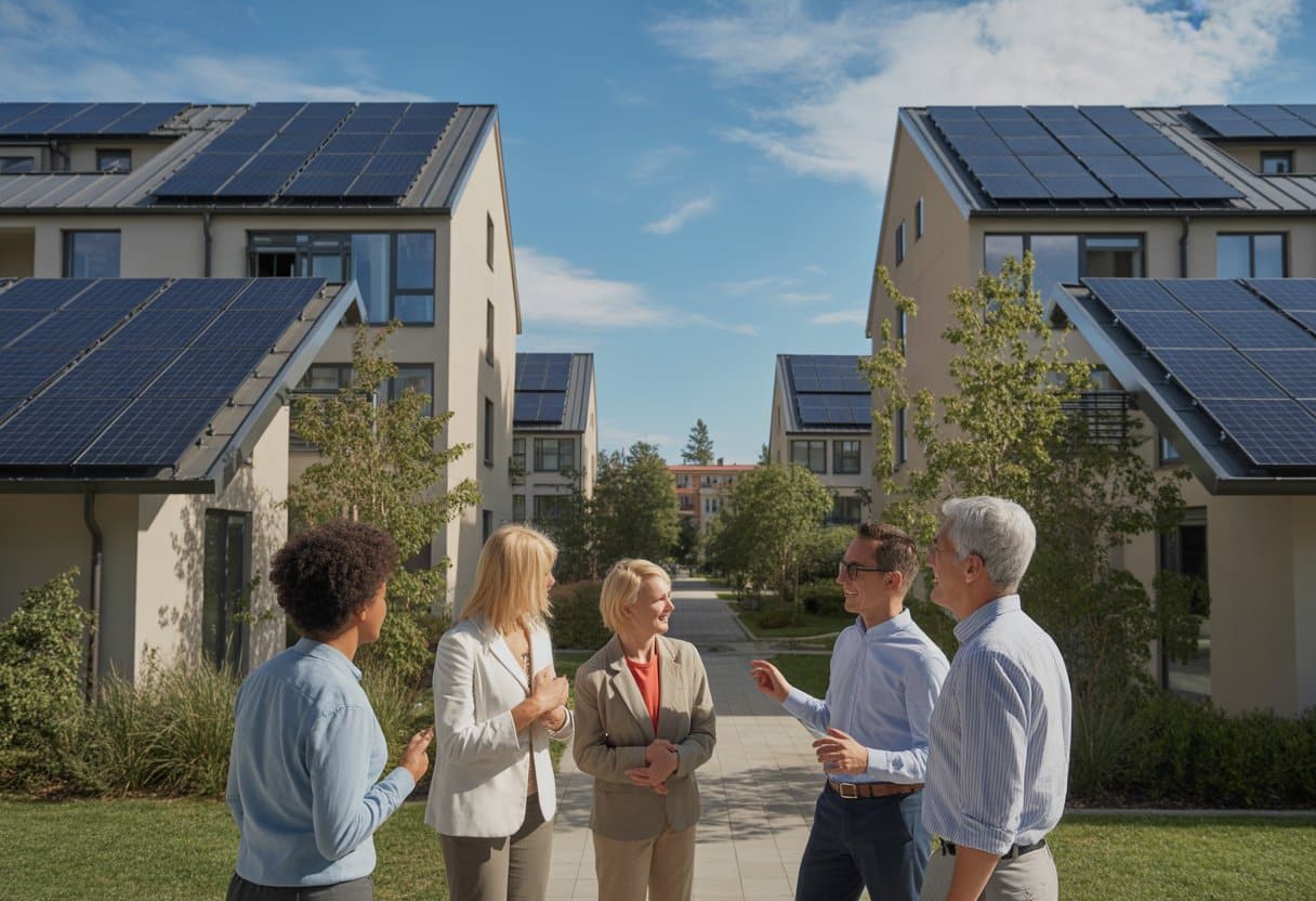 Een modern appartementencomplex met zonnepanelen op het dak en diverse bewoners die buiten bij elkaar staan en overleggen.