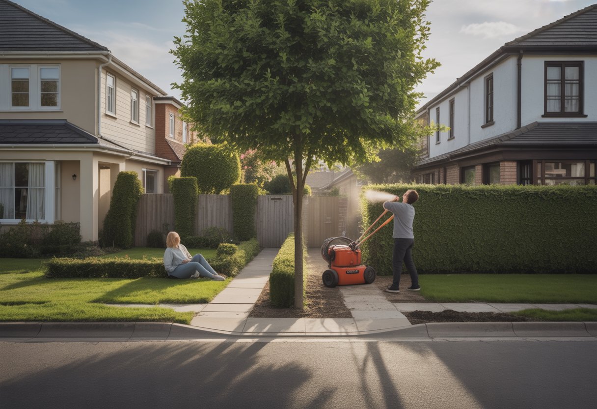 Straat met twee huizen tegenover elkaar, waarbij aan de ene kant een rustige tuin te zien is en aan de andere kant een buur die lawaai maakt of actief is.