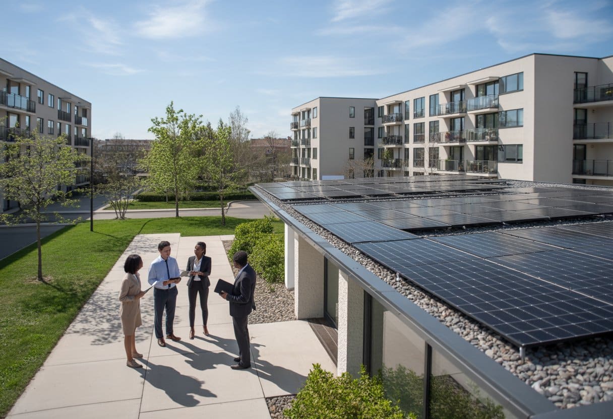 Een groep mensen bespreekt zonnepanelen bij een modern appartementencomplex met zonnepanelen op het dak.
