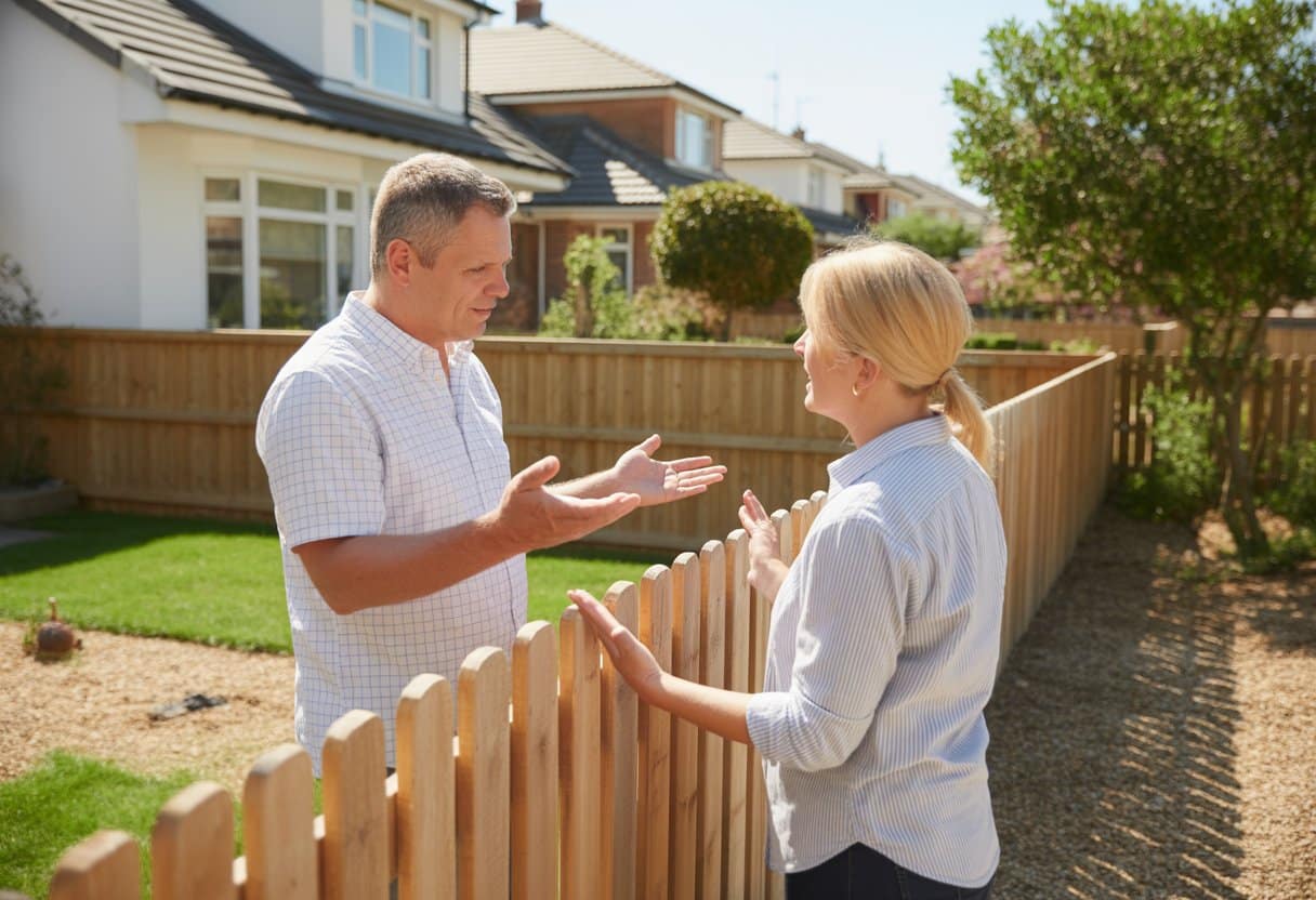 Twee buren praten vriendelijk bij een houten schutting tussen hun tuinen in een woonwijk.