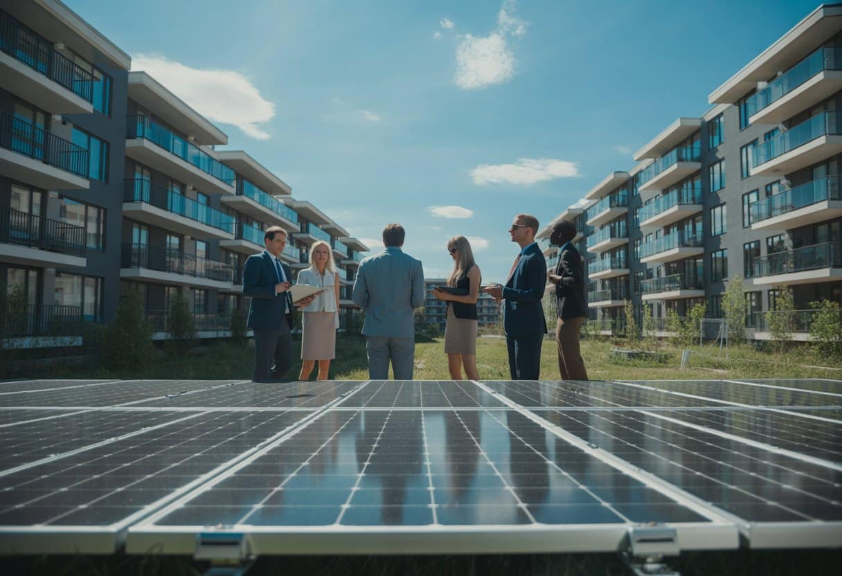 Een modern appartementencomplex met zonnepanelen op het dak, met mensen in gesprek op de voorgrond.