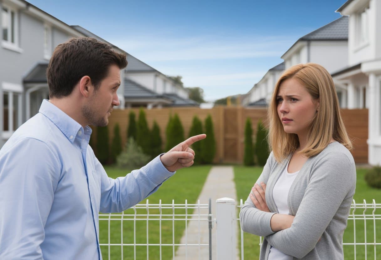 Twee buren staan buiten hun huizen aan weerszijden van een witte schutting, met een gespannen uitwisseling.