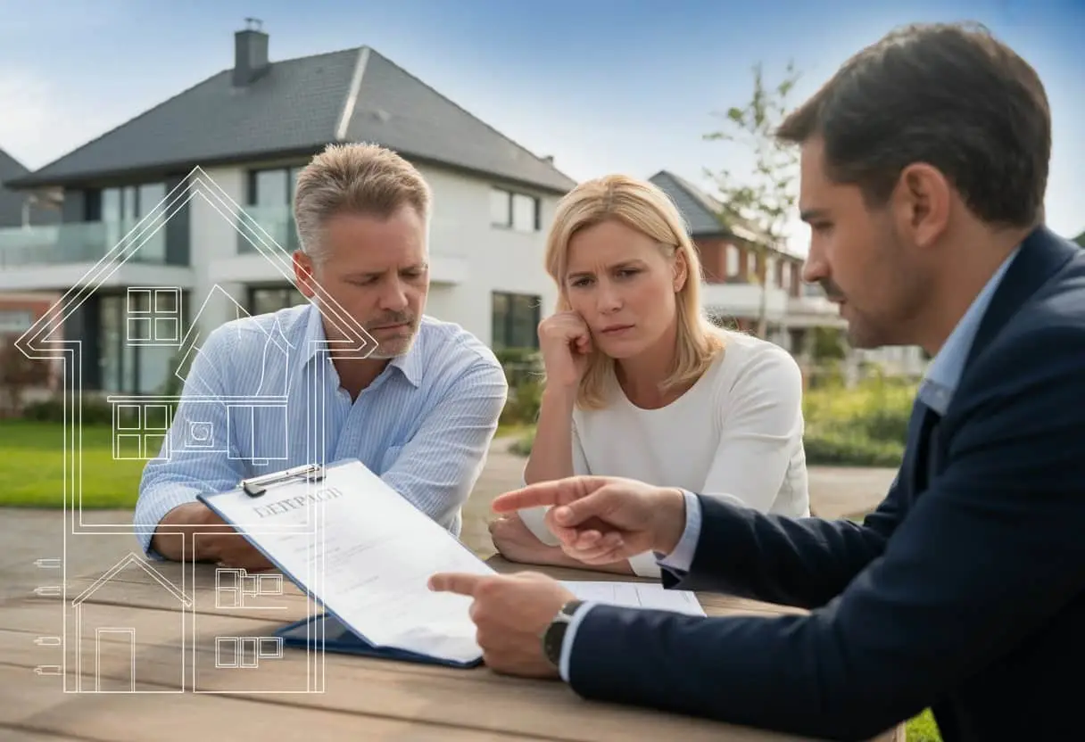 Erfpacht: Het vergeten vastgoedrisico bij uw aankoop uitgelegd 2 Een stel bekijkt bezorgd documenten over een huis terwijl een makelaar uitleg geeft in een woonwijk.