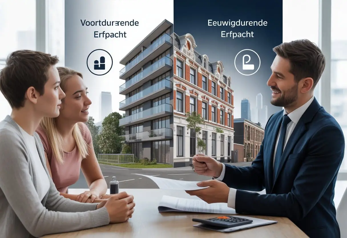 Erfpacht: Het vergeten vastgoedrisico bij uw aankoop uitgelegd 3 Een vastgoedprofessional bespreekt documenten met een jong stel voor moderne en historische gebouwen in een stedelijke omgeving.