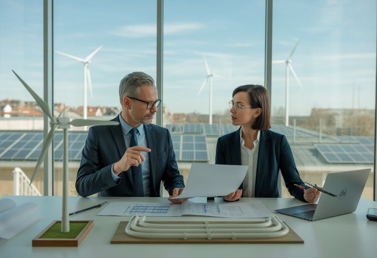 Twee zakelijke mensen bespreken documenten in een kantoor met uitzicht op windmolens en zonnepanelen.