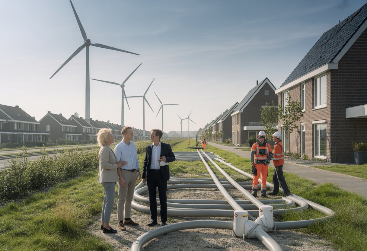 Mensen praten bij een woonwijk met windmolens en werkzaamheden aan warmtenetpijpen op de achtergrond.