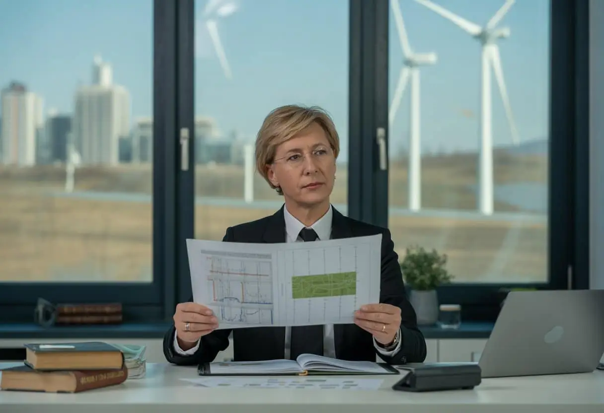 Een advocaat die in een kantoor documenten bekijkt met op de achtergrond windmolens en duurzame energieprojecten.