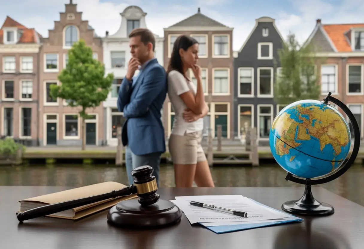 Het Einde van de Expat-relatie: Internationaal Echtscheidingsrecht in Nederland 1 Een stel staat apart in een Nederlandse stadsomgeving met juridische documenten en een wereldbol op een tafel, wat de complexiteit van internationaal echtscheidingsrecht weergeeft.