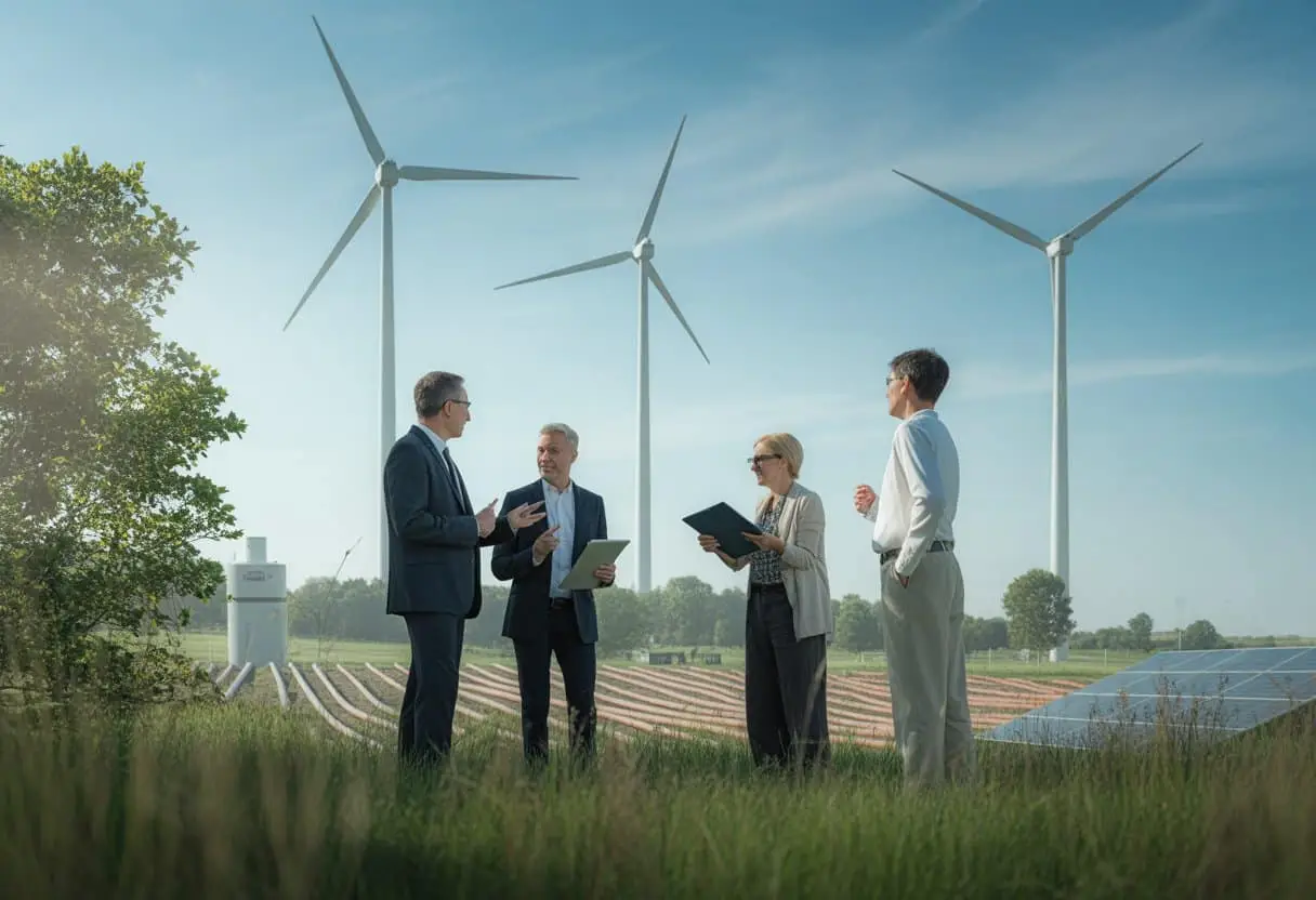 De Energietransitie en de Overheid: Uw rechten bij onteigening 1 Mensen praten buiten bij windmolens en ondergrondse leidingen in een groen landschap.