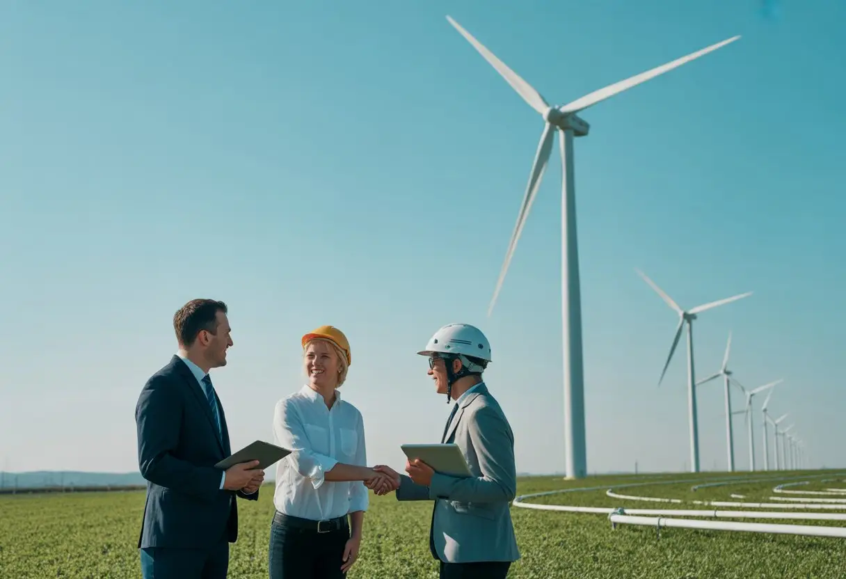 De Energietransitie en de Overheid: Uw rechten bij onteigening 2 Een groep mensen, waaronder een ambtenaar en een landeigenaar, bespreekt een windmolenpark en warmtenetwerken in een groene landelijke omgeving.
