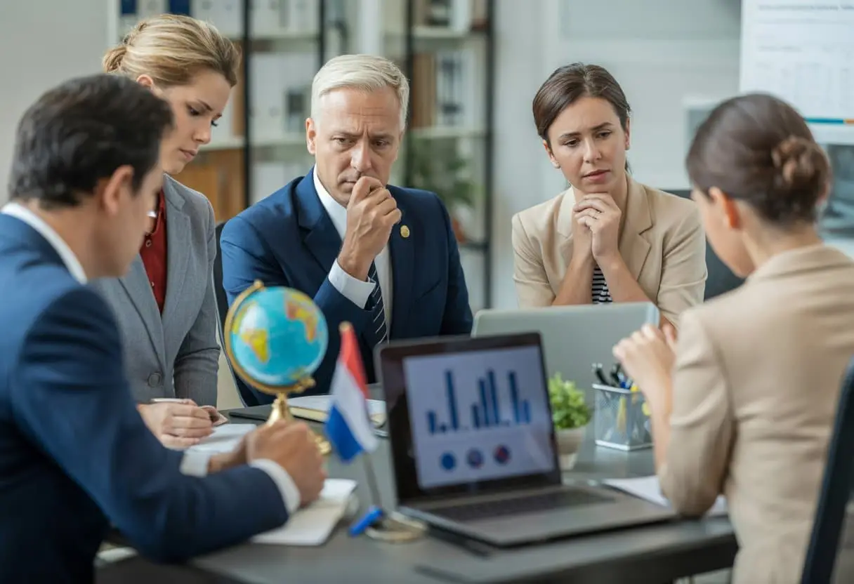 Het Einde van de Expat-relatie: Internationaal Echtscheidingsrecht in Nederland 2 Een groep professionals bespreekt juridische documenten in een moderne kantooromgeving, met een wereldbol en een Nederlandse vlag op de achtergrond.