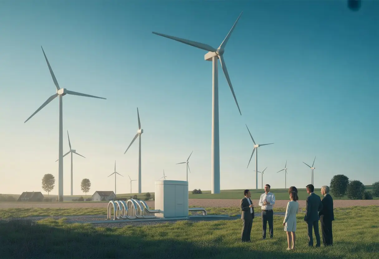 De Energietransitie en de Overheid: Uw rechten bij onteigening 3 Een groep mensen bespreekt buiten een windmolenpark in een groene landelijke omgeving met windturbines op de achtergrond.