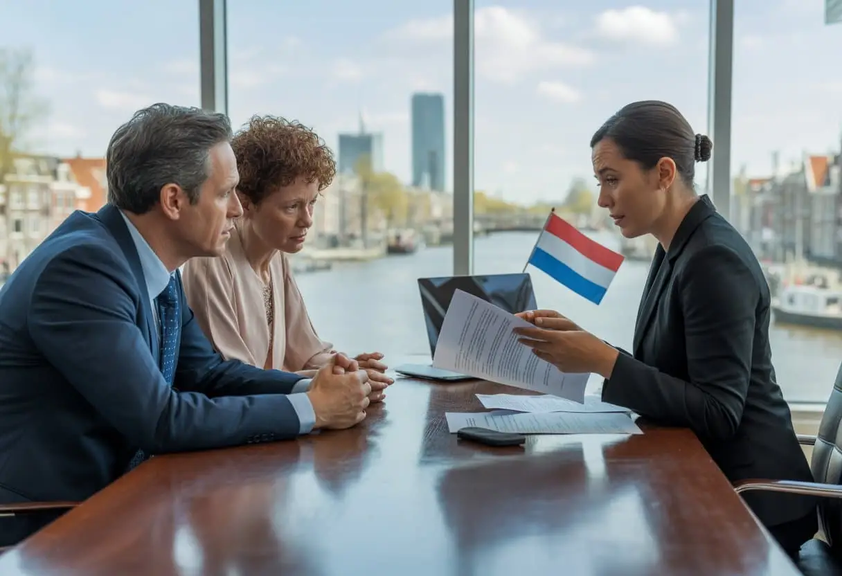 Het Einde van de Expat-relatie: Internationaal Echtscheidingsrecht in Nederland 3 Een koppel in gesprek met een advocaat in een kantoor met uitzicht op een Nederlandse stad, waarbij ze juridische documenten bespreken.