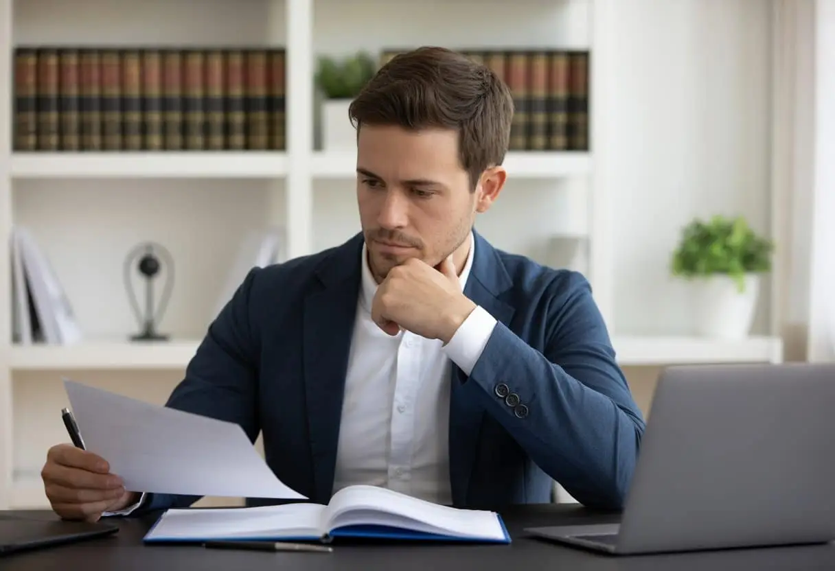 Een jonge vader zit aan een bureau met juridische documenten en een laptop, nadenkend over het verkrijgen van gezag over zijn kind.