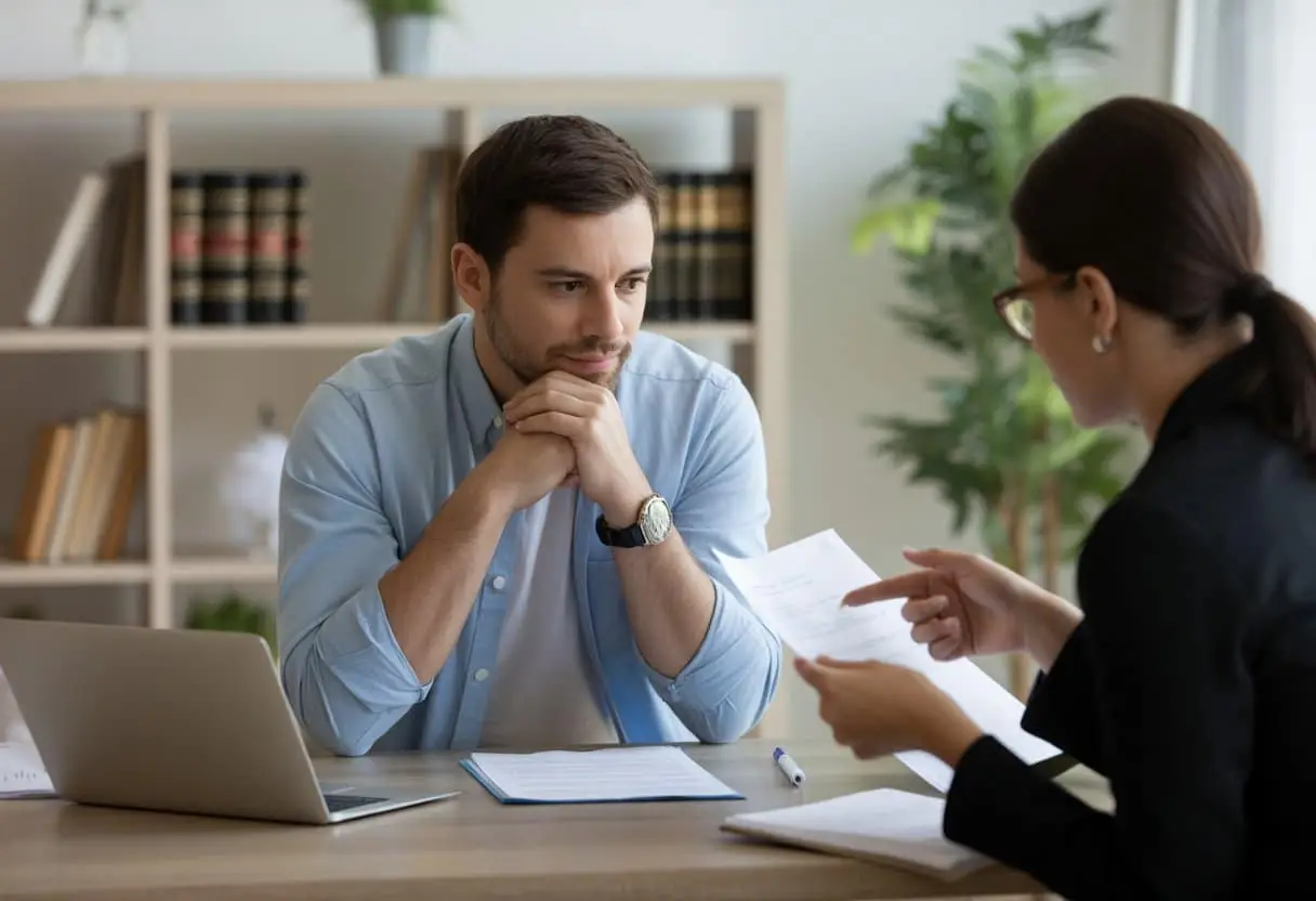 Een man zit aan een bureau met een vrouwelijke advocaat die juridische documenten bespreekt in een kantooromgeving.