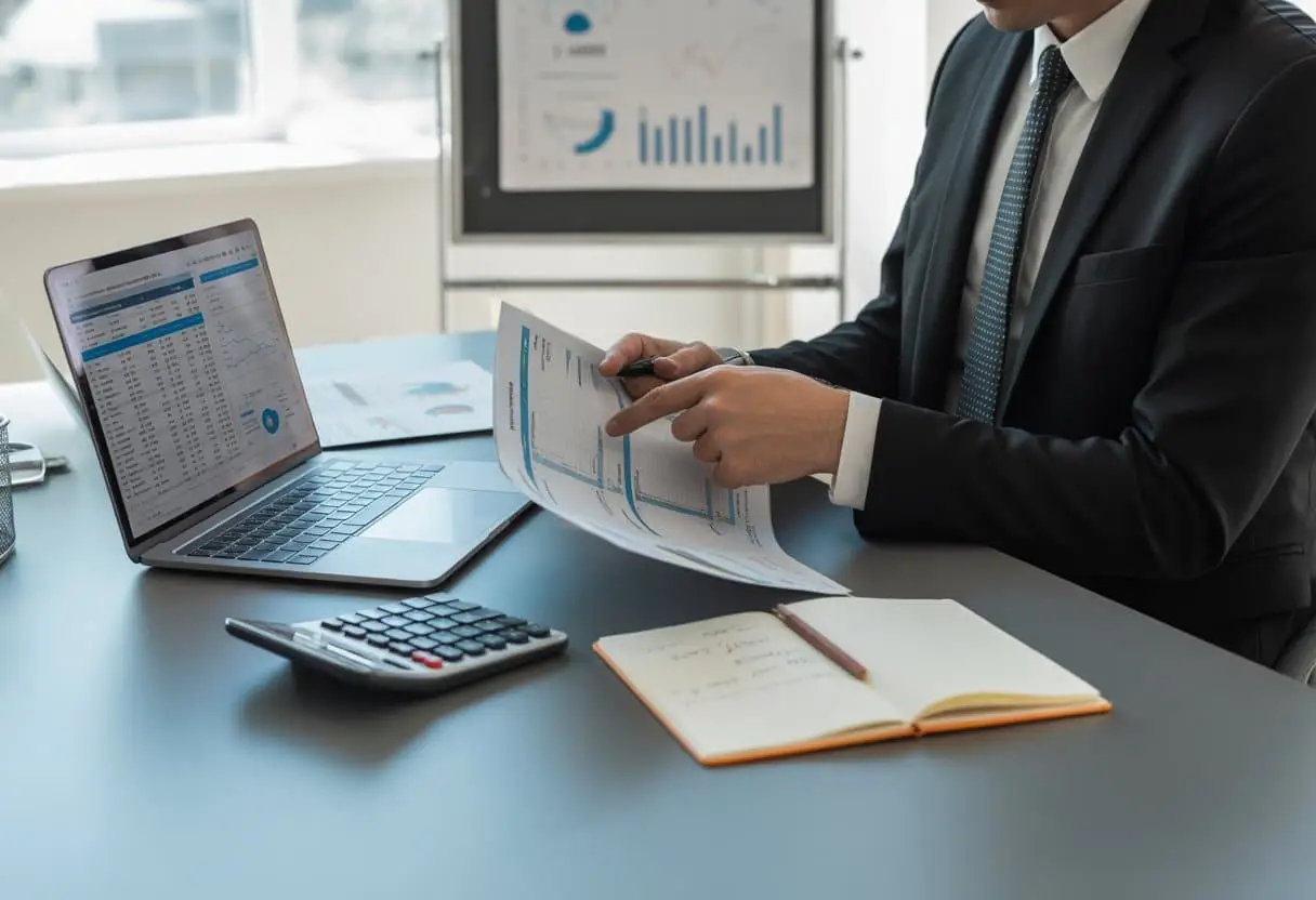 Een ondernemer zit aan een bureau en bekijkt documenten over financiële rapporten en fraude, met een laptop, rekenmachine en grafieken op de achtergrond.