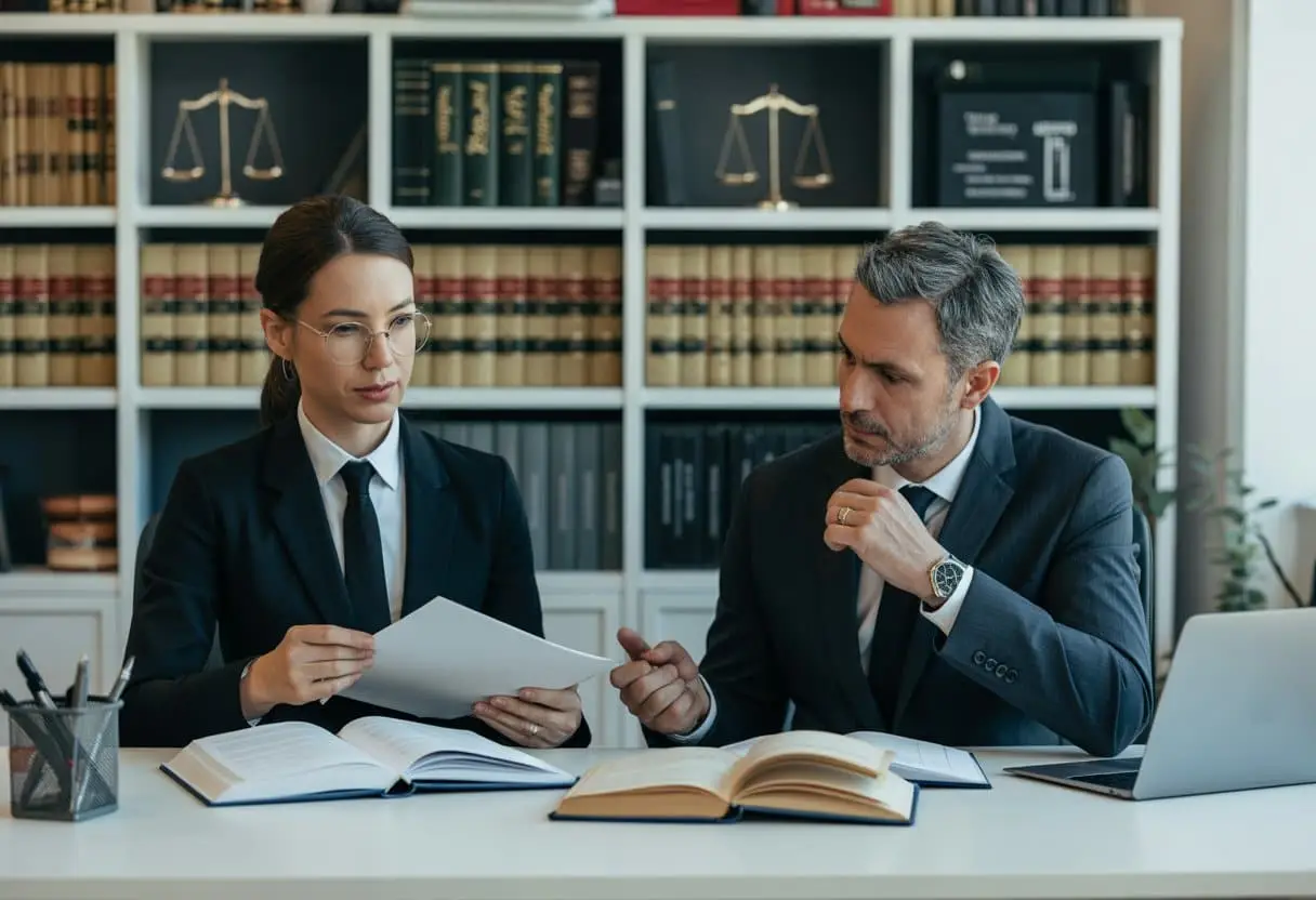 Hoger Beroep en Cassatie: De laatste kansen in een juridisch conflict 3 Twee advocaten bespreken documenten in een kantoor met juridische boeken en symbolen.