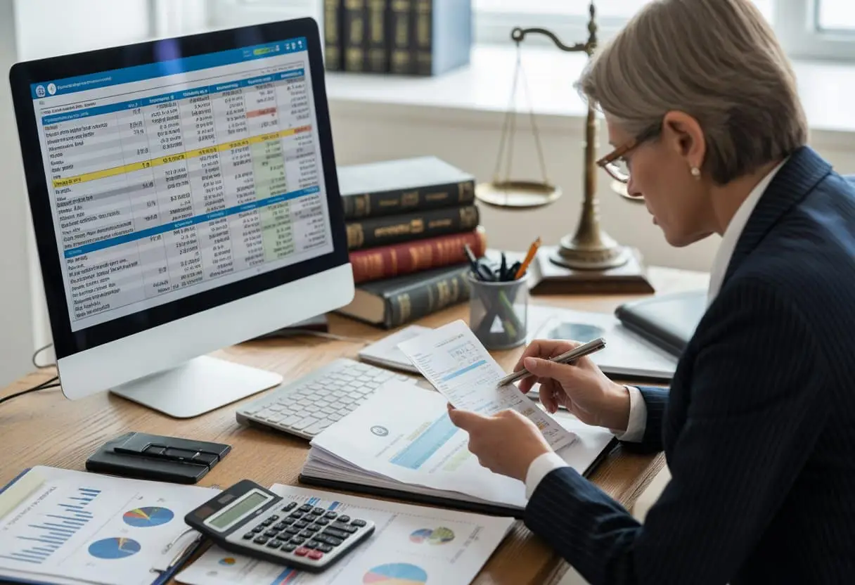 Een forensisch accountant die geconcentreerd financiële documenten en spreadsheets analyseert aan een bureau in een kantooromgeving.