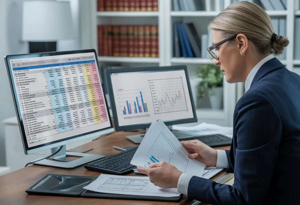 Een forensische accountant die geconcentreerd financiële documenten en gegevens analyseert in een kantooromgeving met computerschermen en juridische boeken op de achtergrond.
