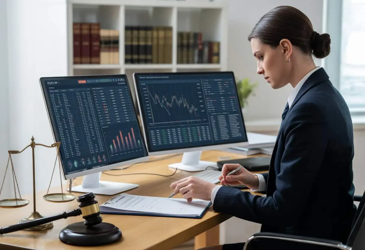 Een forensische accountant die geconcentreerd financiële gegevens analyseert in een kantoor met juridische attributen zoals een hamer en een weegschaal op het bureau.